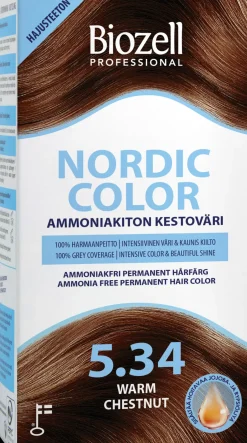 Biozell Hiusvärit<Professional Nordic Color ammoniakiton kestoväri Warm Chestnut 5.34 2x60ml