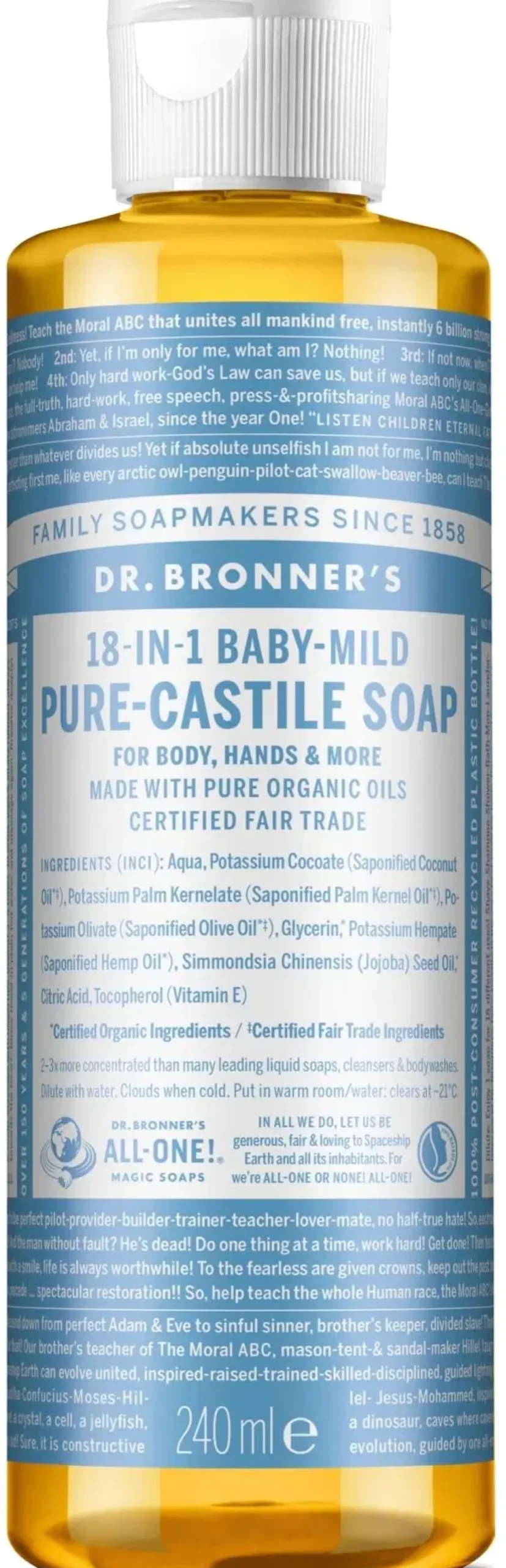 Dr. Bronner's Käsienhoito<Dr Bronner's Pure Castile liquid soap Baby-Mild Kastilian nestesaippua tuoksuton 240 ml