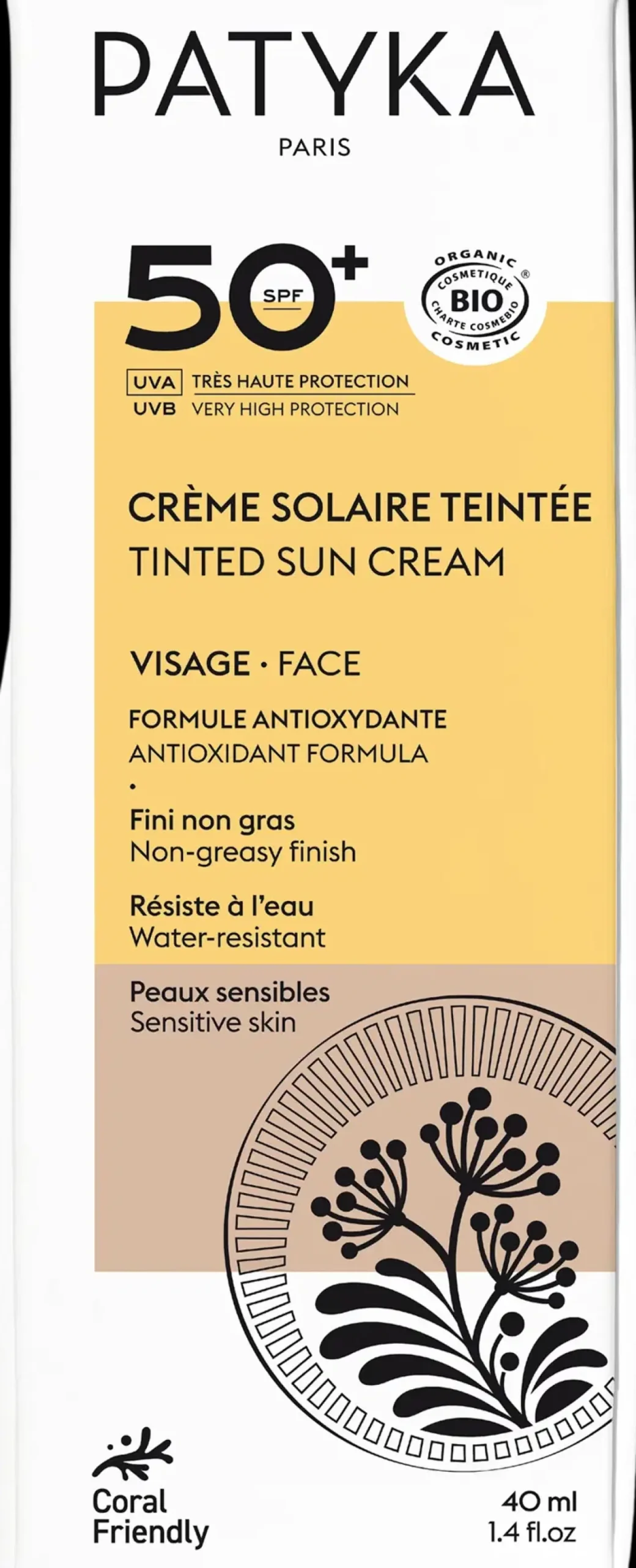 Patyka Ihonhoito|Aurinkotuotteet<Tinted Face Sun Cream SPF50+ -sävyttävä aurinkovoide kasvoille 40ml